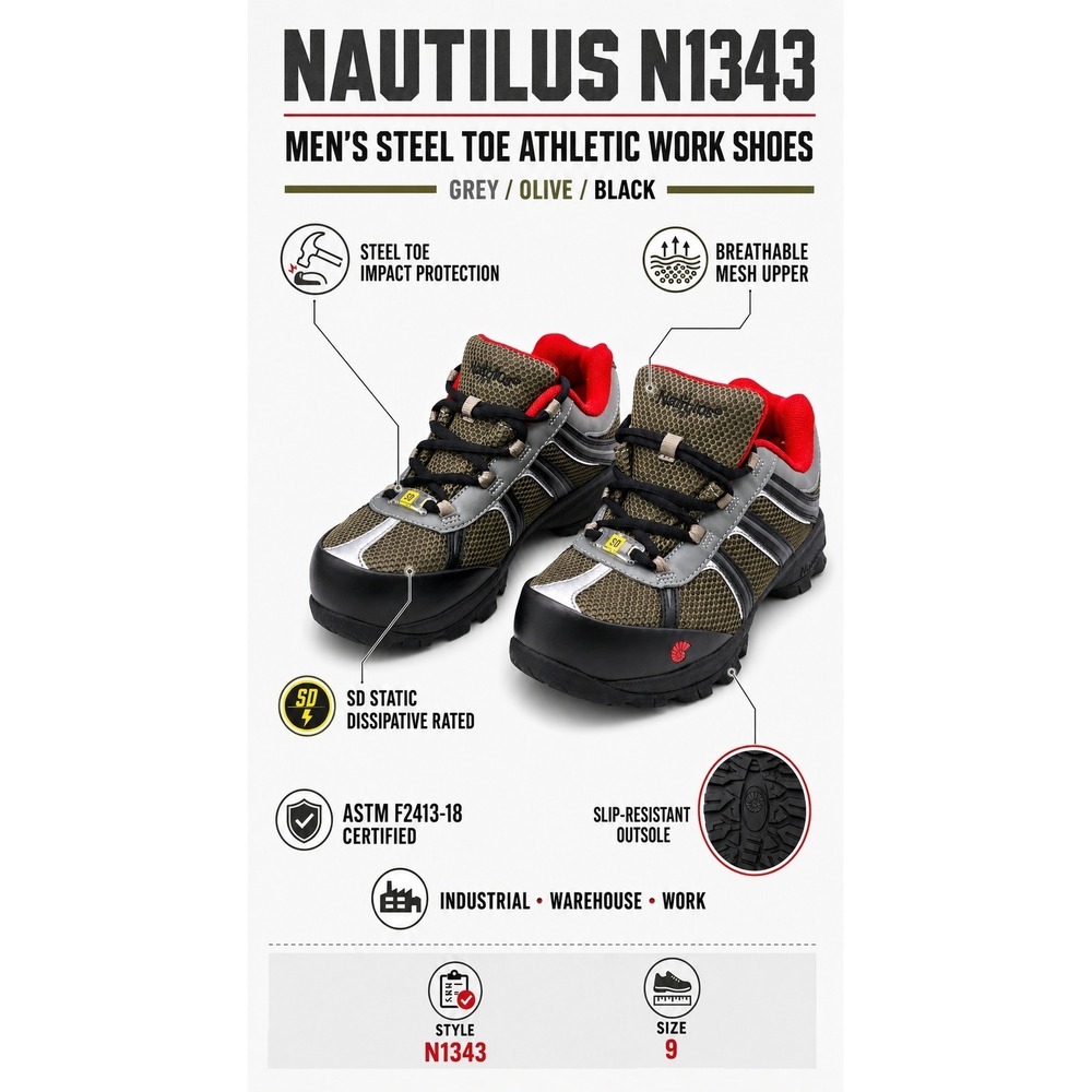 Nautilus Mens Size 9 Grey Olive Black Steel Toe Athletic Safety Work Shoes N1343 - Picture 2 of 9